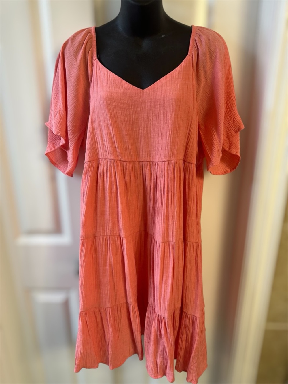 Coral Tiered Midi Dress- Flutter Sleeves